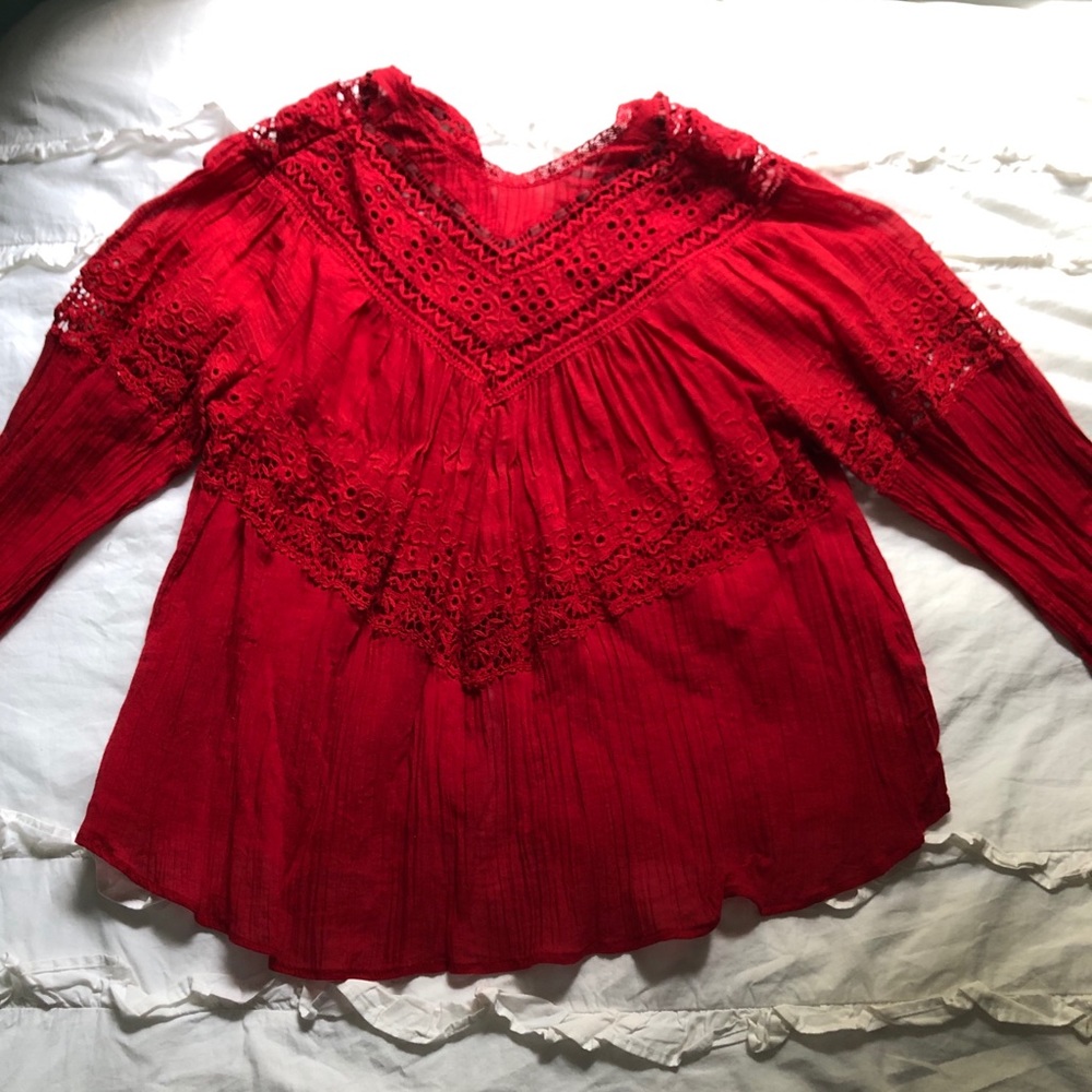 Free People Red Button-up Back Blouse